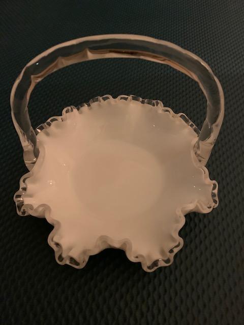  Fenton ruffle white bowl basket with glass handle 8
